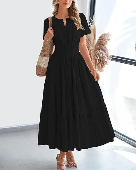 🔥LAST DAY 52% OFF🔥🔥v-neck pleated puff sleeve dress black
