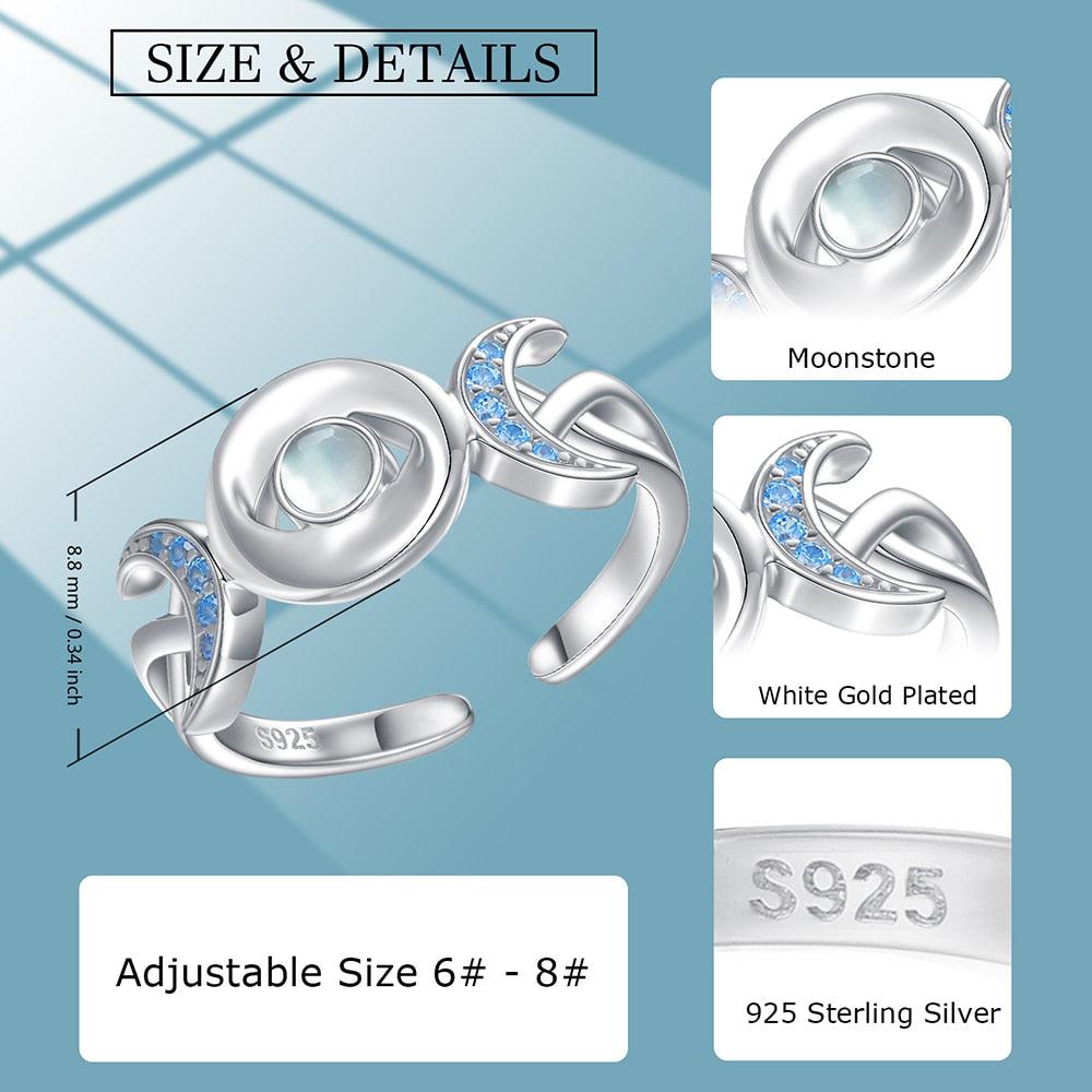 Moonstone Triple Moon Goddess Ring