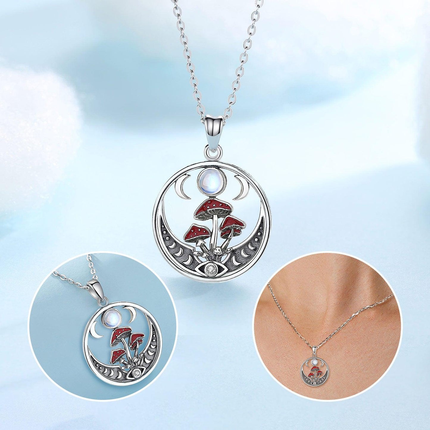 Mushroom Opal Triple Moon Necklace Witchy Jewelry