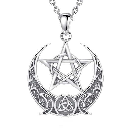 Witch Pentagram Celtic Knot Triple Moon Necklace