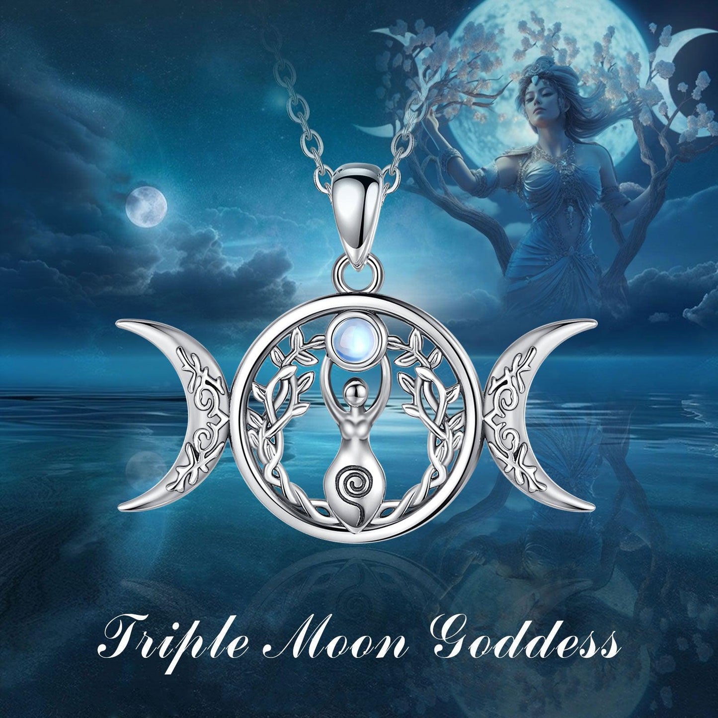 Triple Moon Goddess Necklace Pagan Jewelry