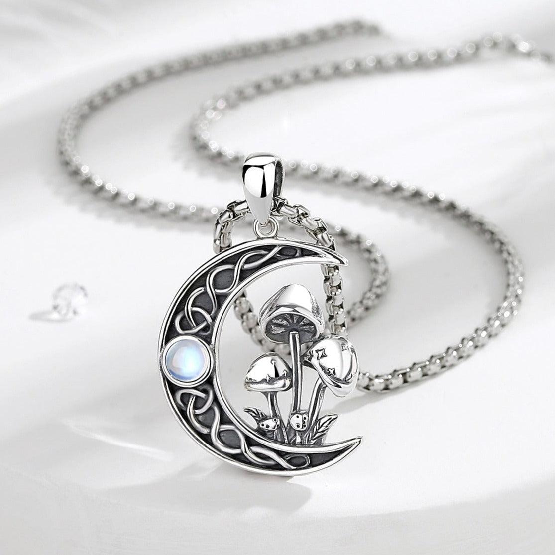 Opal Mushroom Moon Necklace Celtic Knot Witchy Jewelry