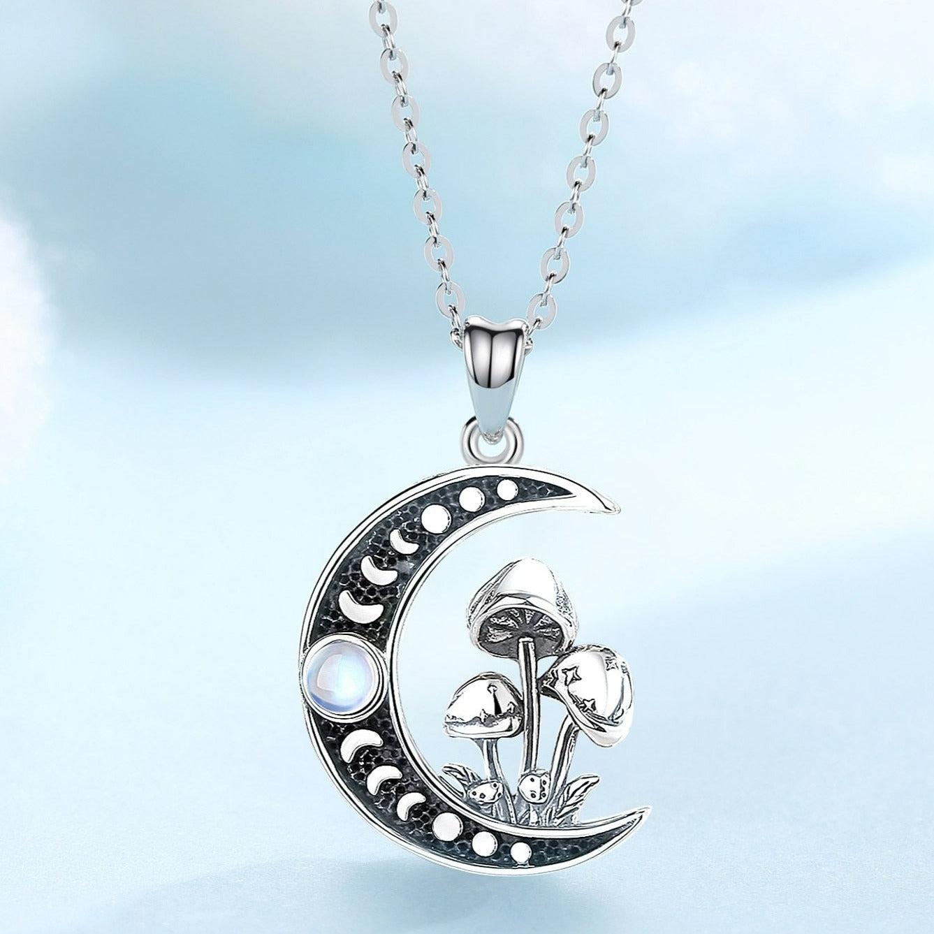 Opal Mushroom Moon Necklace Celtic Knot Witchy Jewelry