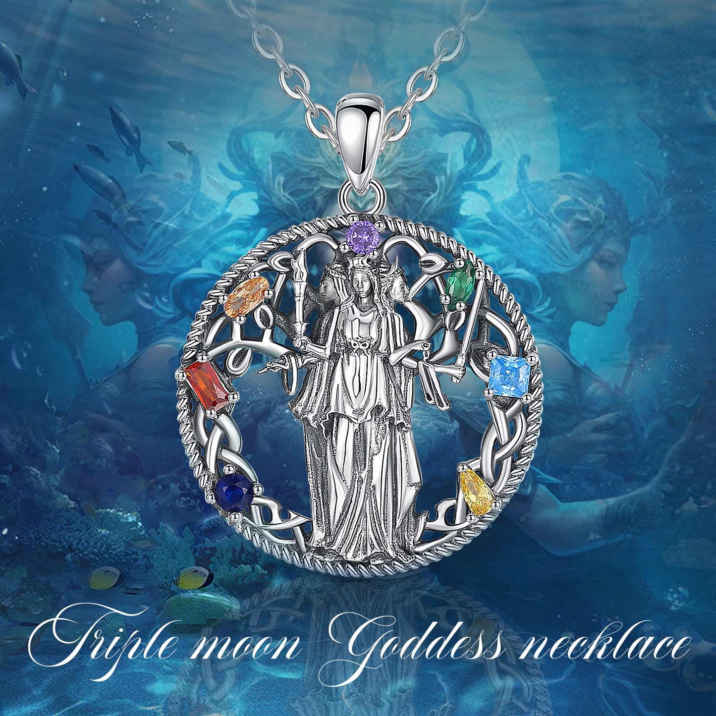 Triple Moon Goddess Pagan Necklace Hecate Amulet Jewelry