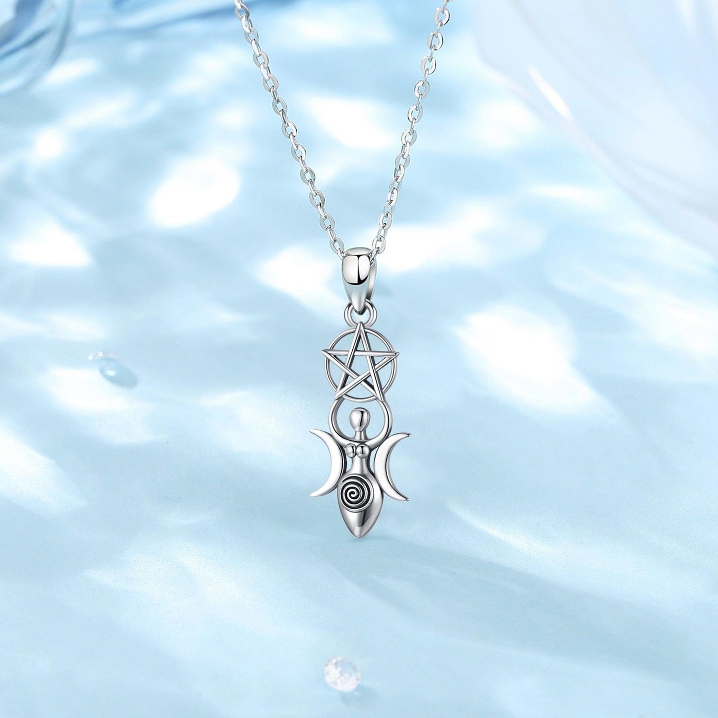 Triple Moon Goddess Necklace Pentagram Jewelry
