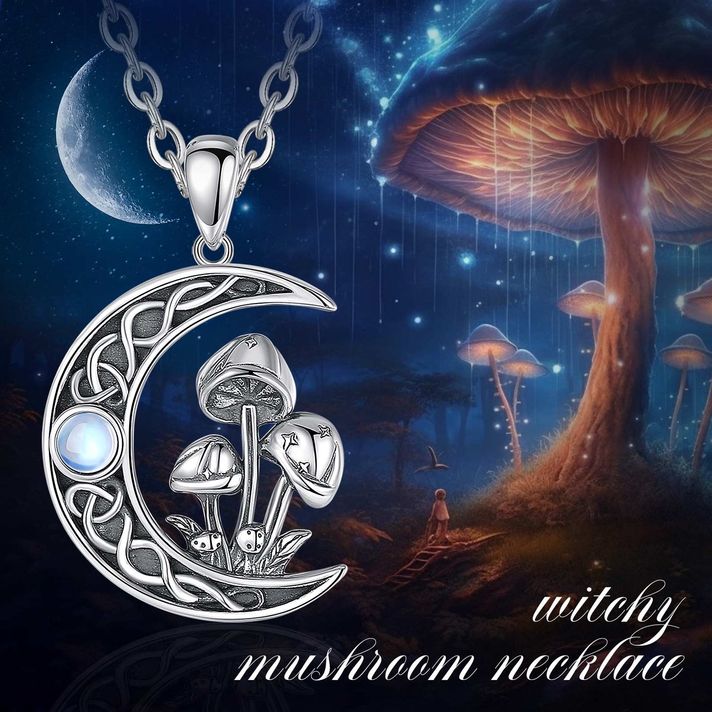 Opal Mushroom Moon Necklace Celtic Knot Witchy Jewelry