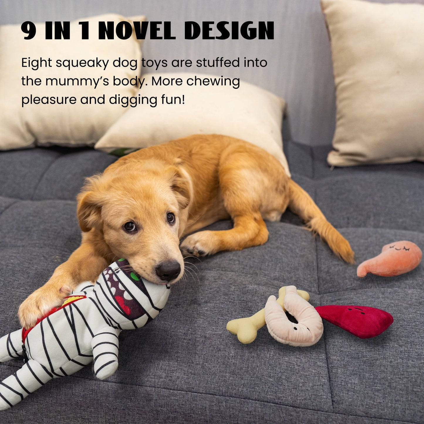 9-in-1 Stuffed Plush Squeaky Dog Toys, Mummy Body