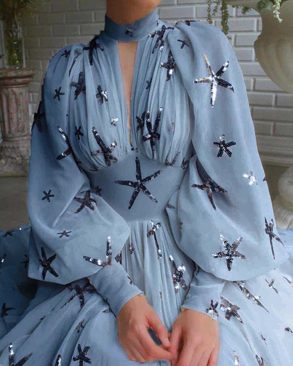 Star Sequin Lantern Sleeve Chiffon Slit Dress(5 Colors)
