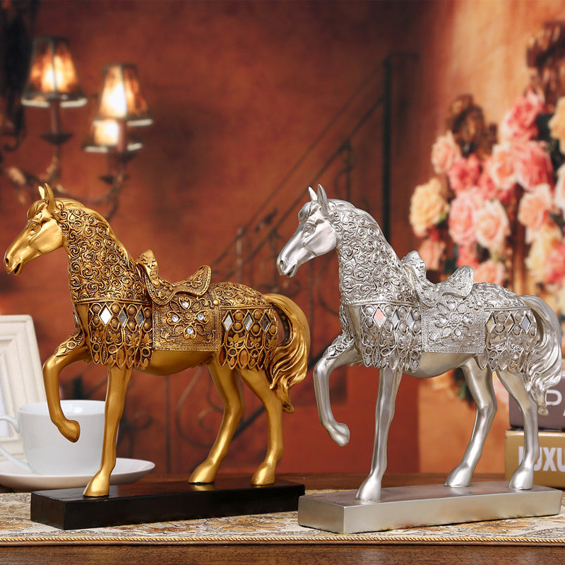 Luxury Diamond Horse Standing Statue, Golden Fortune Horse Statue Carved Resin Horse Sculpture Art Home Decor, Brass Horse Statue