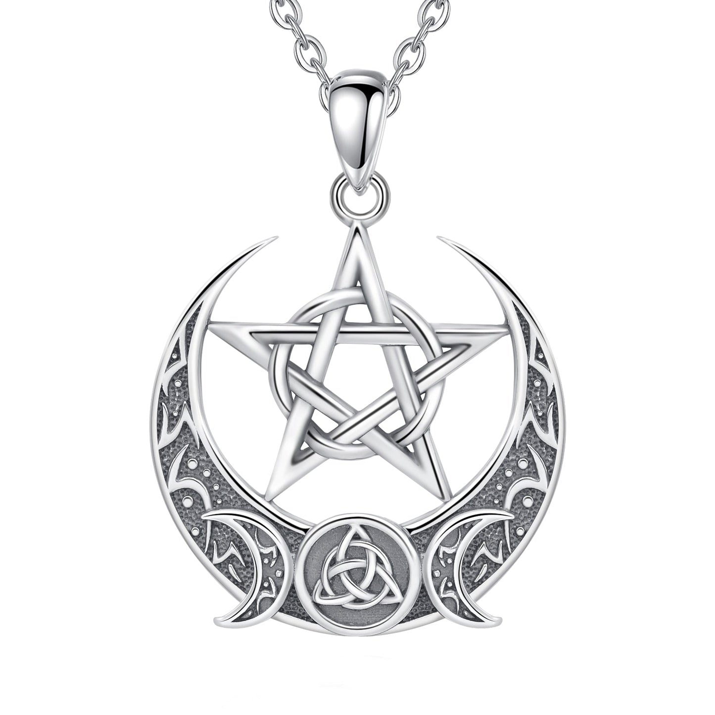 Witch Pentagram Celtic Knot Triple Moon Necklace