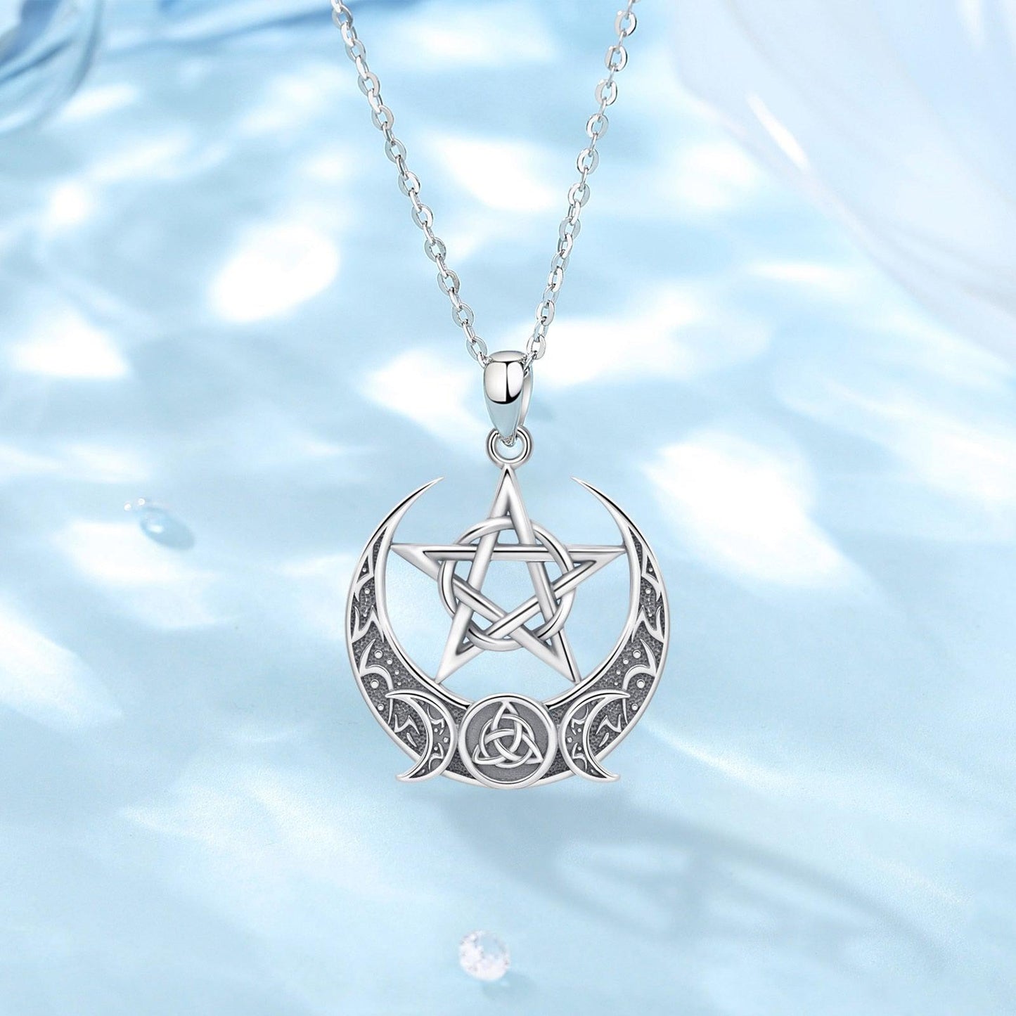 Witch Pentagram Celtic Knot Triple Moon Necklace