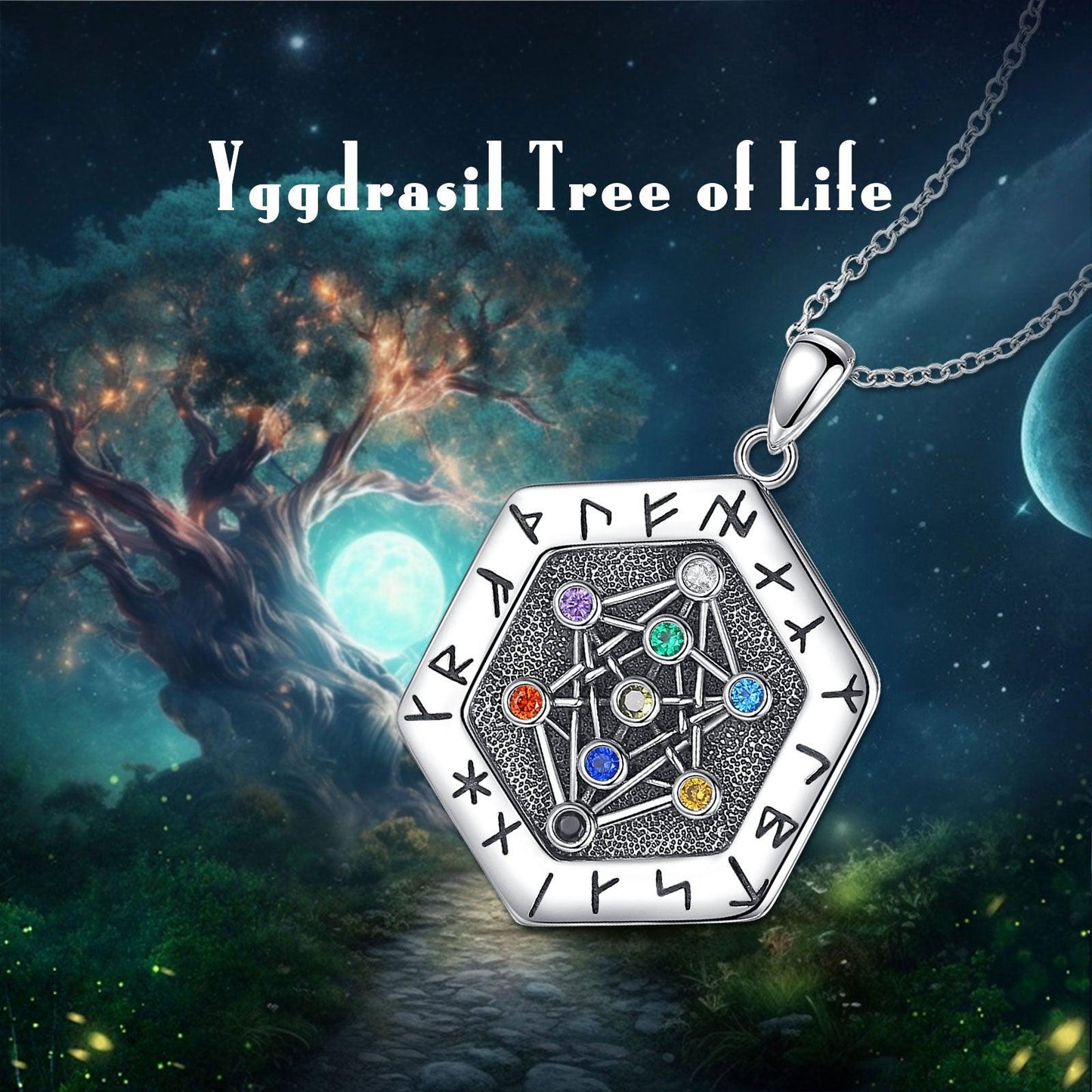 Viking Runes Necklace Tree of Life Amulet Pendant